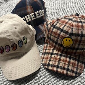 Three Casual Baseball Caps - Plaid & Embroidered Smiley Cream Cap